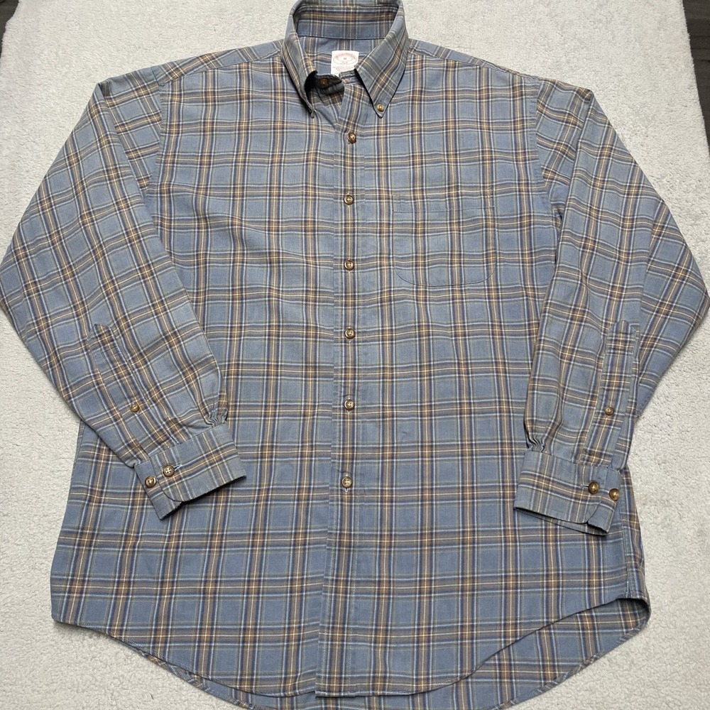 Brooks Brothers Flannel Shirt Mens Medium Gray Plaid‎ Wool Blend Soft Read